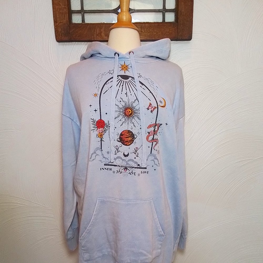 Tunic Length Hoodie Pastel Blue Inner Love Graphic Hooded Sweatshirt size L